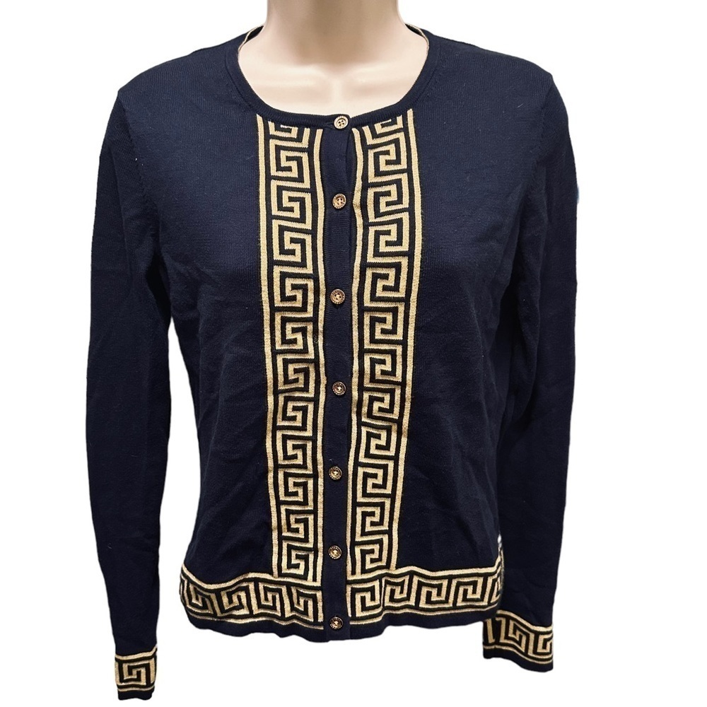 Lilly Pulitzer Greek Key Navy Gold Button Cardigan Navy Blue Gold x-small (8755)